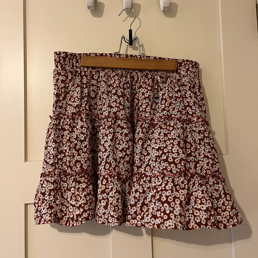 Red floral skirt with ruffles